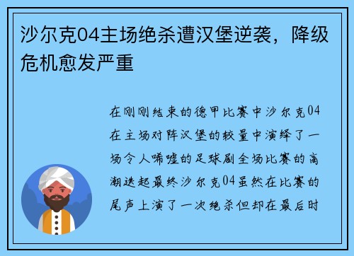 沙尔克04主场绝杀遭汉堡逆袭，降级危机愈发严重