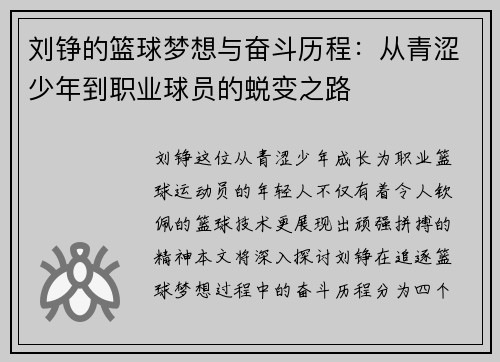 刘铮的篮球梦想与奋斗历程：从青涩少年到职业球员的蜕变之路